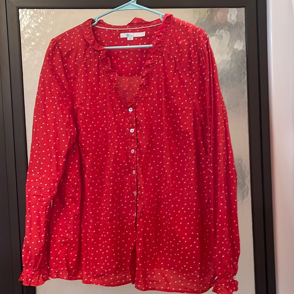 Boden Womens 18 Blouse Ruffles Polka Red Button Up Lightweight